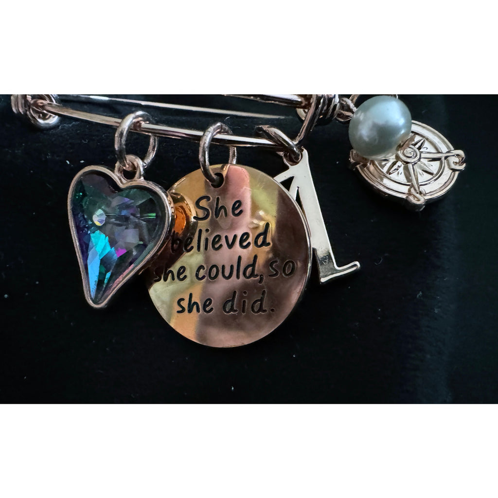 Rose Gold Charm Bangle Bracelet “A” Initial She Believed She Could Quote B048