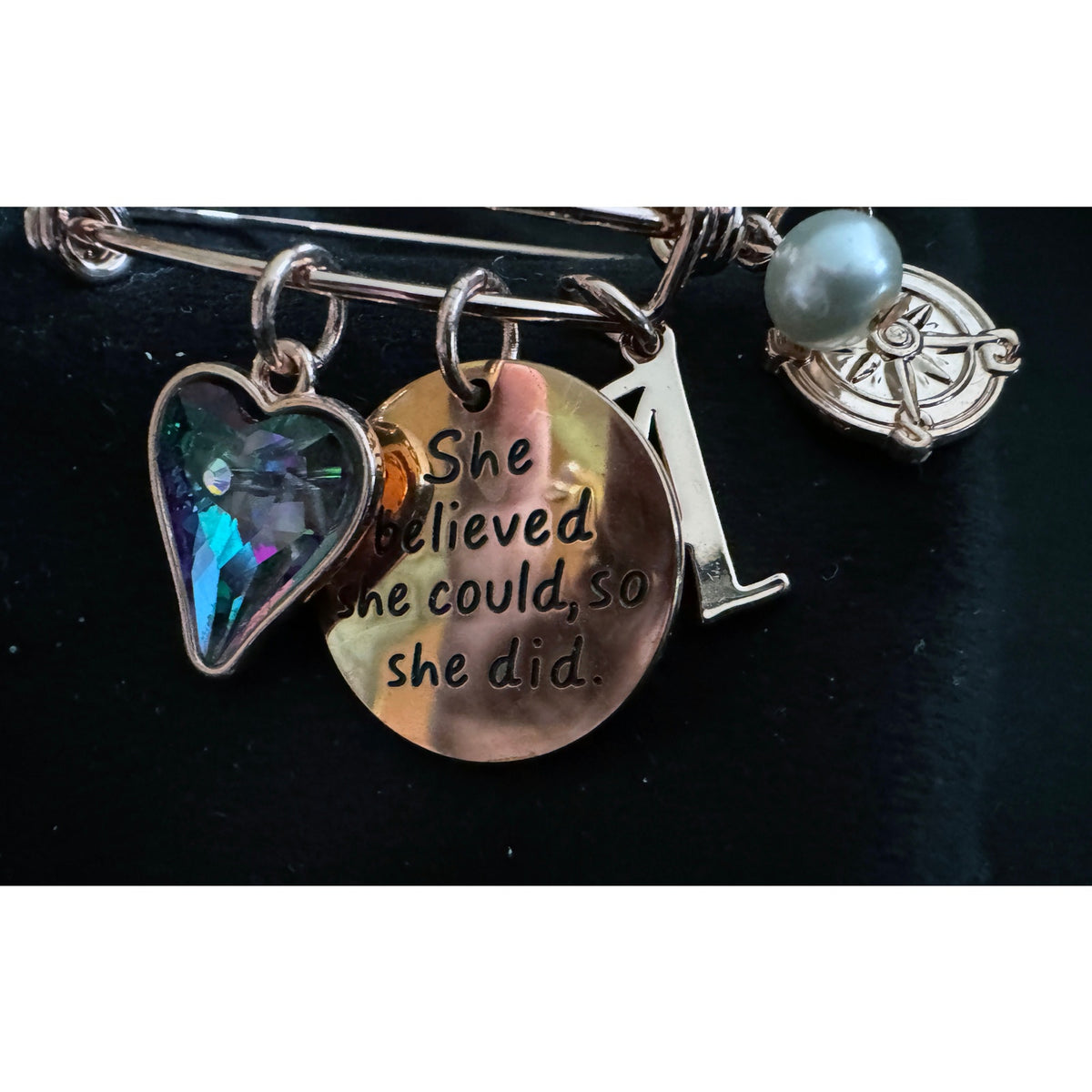 Rose Gold Charm Bangle Bracelet “A” Initial She Believed She Could Quote B048