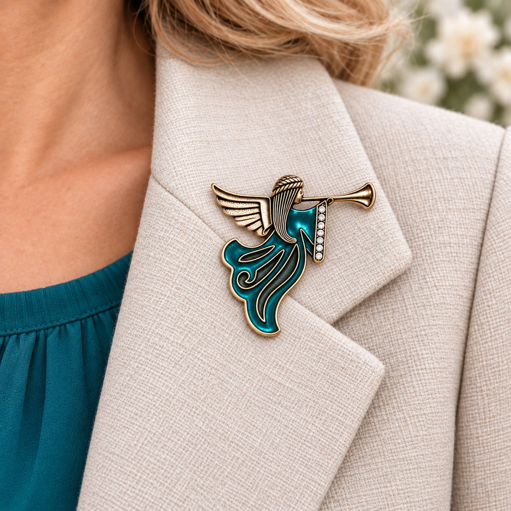 Vintage Teal Enamel Angel Trumpet Brooch Rhinestone Silver Holiday Pin CP171