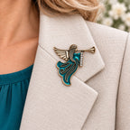Vintage Teal Enamel Angel Trumpet Brooch Rhinestone Silver Holiday Pin CP171