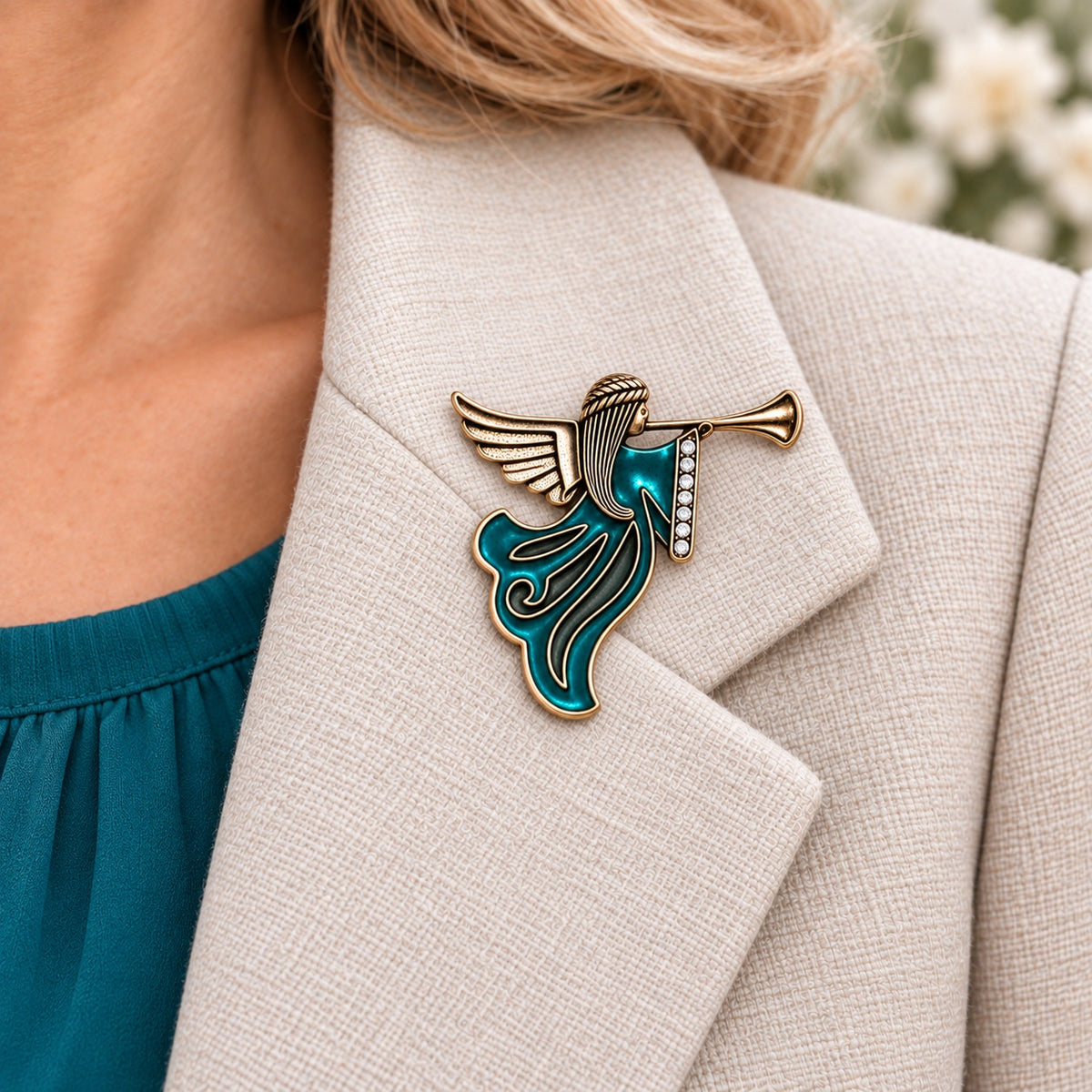 Vintage Teal Enamel Angel Trumpet Brooch Rhinestone Silver Holiday Pin CP171