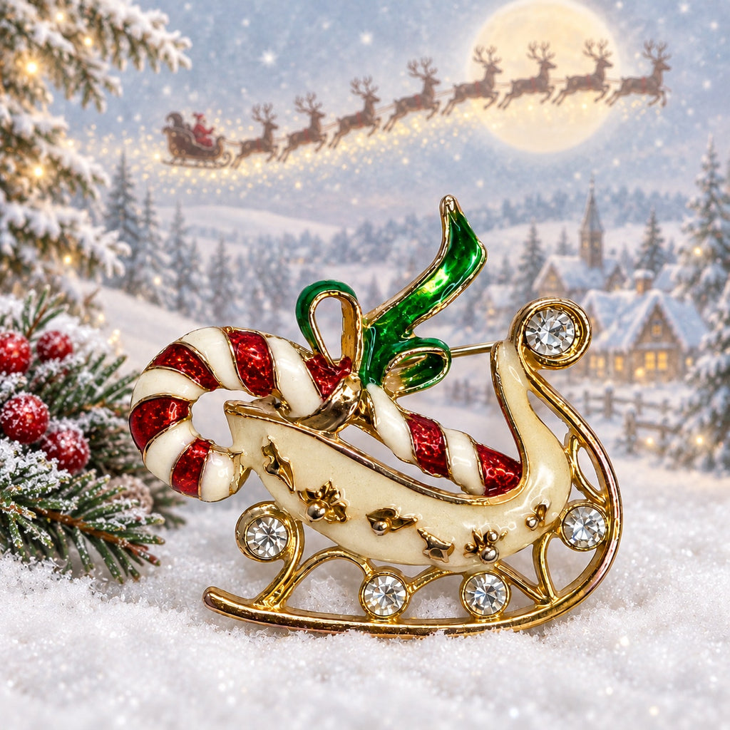 Vintage Gold Tone Christmas Sleigh Brooch Green Enamel Holiday Pin Jewelry CP257