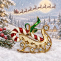 Vintage Gold Tone Christmas Sleigh Brooch Green Enamel Holiday Pin Jewelry CP257