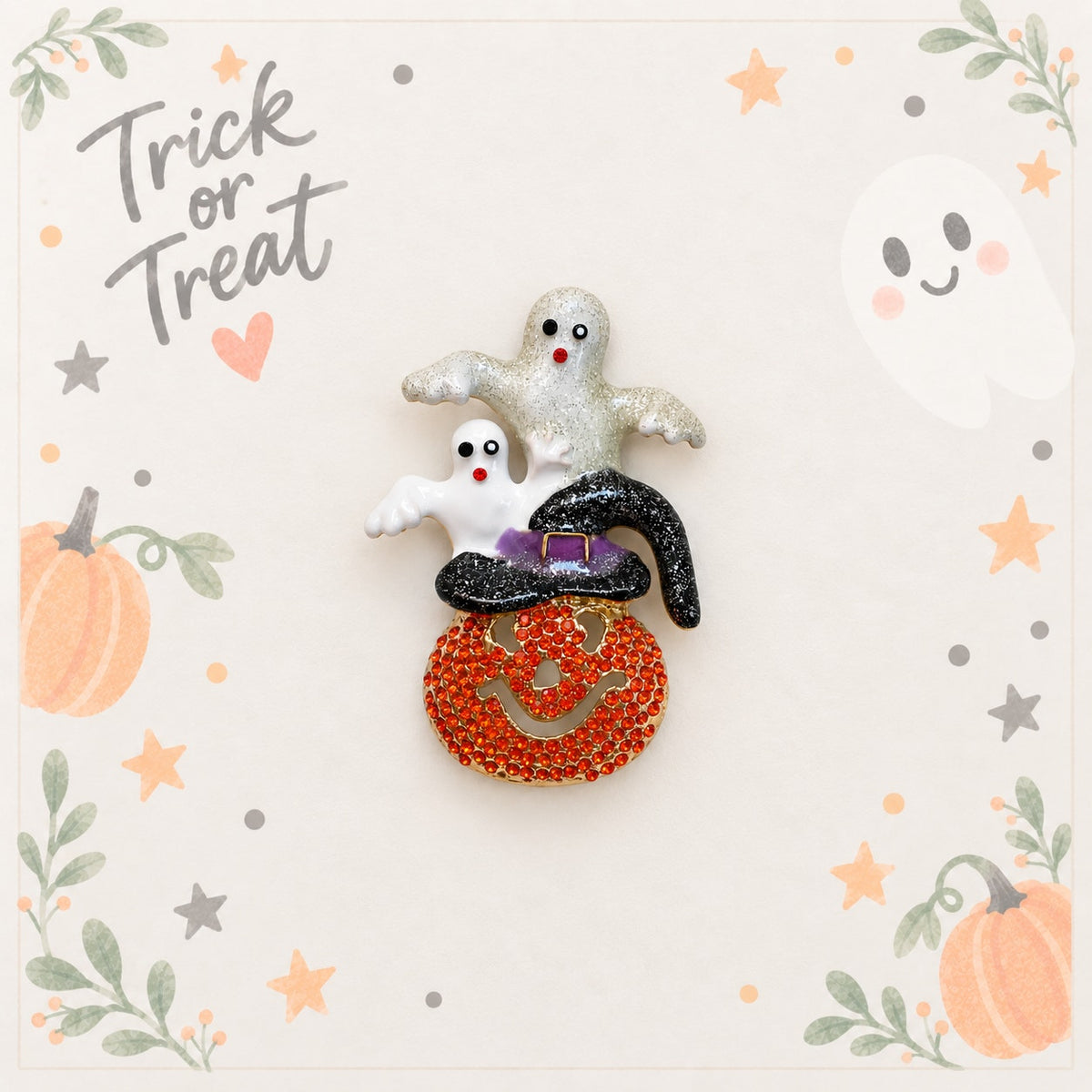Halloween Ghost Pumpkin Brooch Rhinestone Witch Hat Gold Tone Spooky Pin CP222