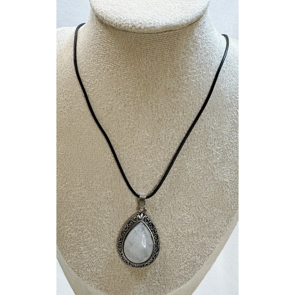 White Teardrop Stone Pendant Necklace Silver Tone Black Cord Boho New  N386