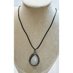 White Teardrop Stone Pendant Necklace Silver Tone Black Cord Boho New  N386