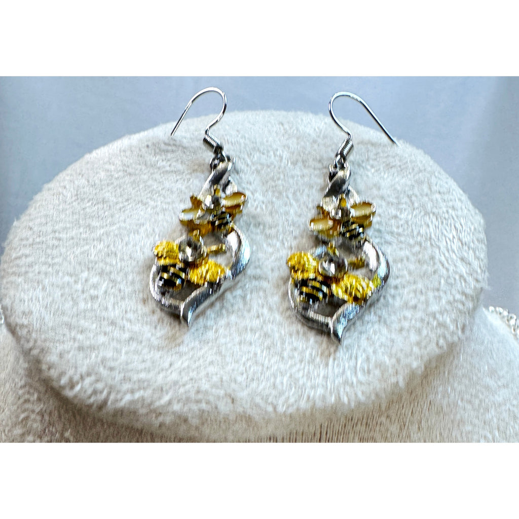 Bee Necklace Earrings Set 20" Chain Rhinestone Bee Floral Jewelry E567