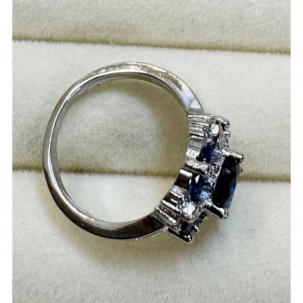 Size 7 New Blue Sapphire Color Ring Silver Oval Cocktail Statement Ring R003