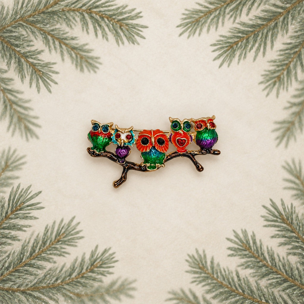 Colorful Owl Brooch Pin 5 Owls on Branch Rhinestone Gold Tone Jewelry CP167