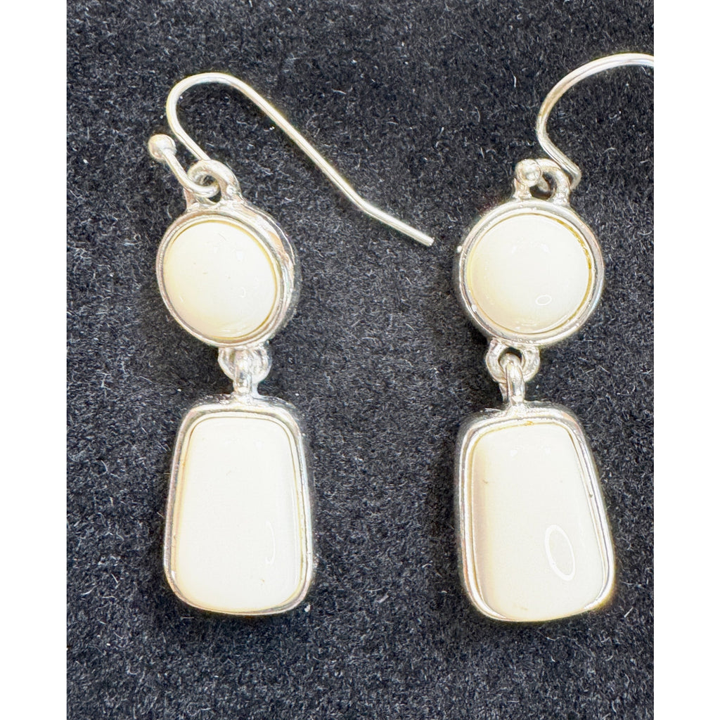 Silver Tone White Cabochon Dangle Earrings Vintage Rectangle Drop 1.5" E499