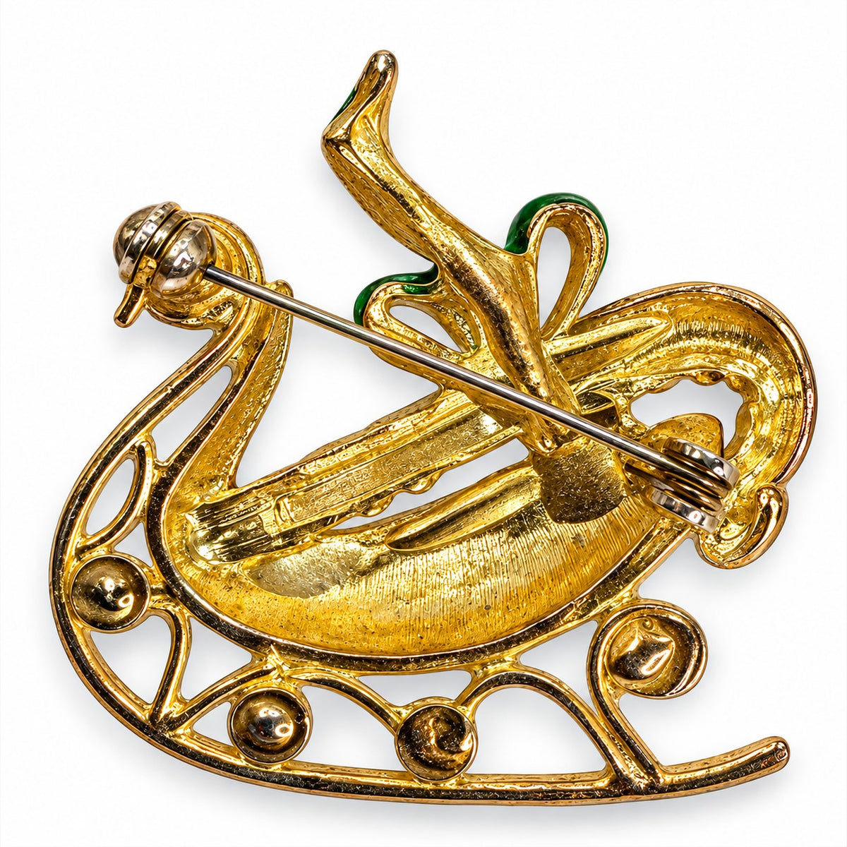Vintage Gold Tone Christmas Sleigh Brooch Green Enamel Holiday Pin Jewelry CP257