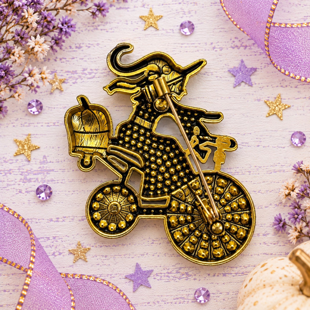 Halloween Witch Bicycle Brooch Rhinestone Enamel Pumpkin Gold Tone Pin CP213