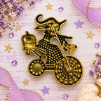Halloween Witch Bicycle Brooch Rhinestone Enamel Pumpkin Gold Tone Pin CP213
