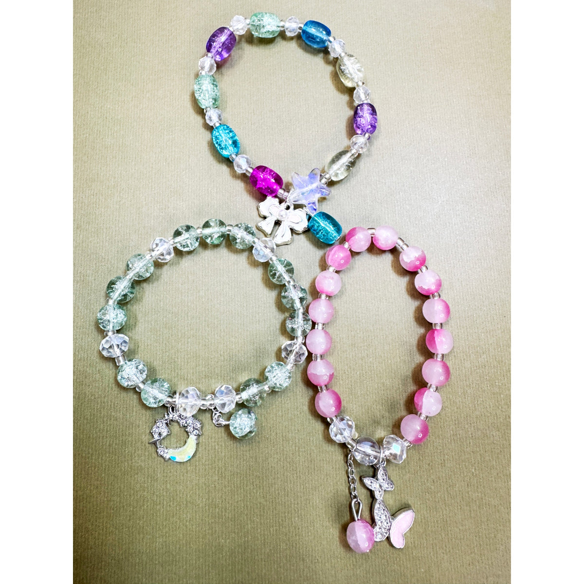 Set of 3 Stretch Beaded Bracelets Multicolor Charm Stack Boho Gift B118