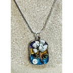 Floral Enamel Pendant Necklace Silver Tone Faux Pearl N449