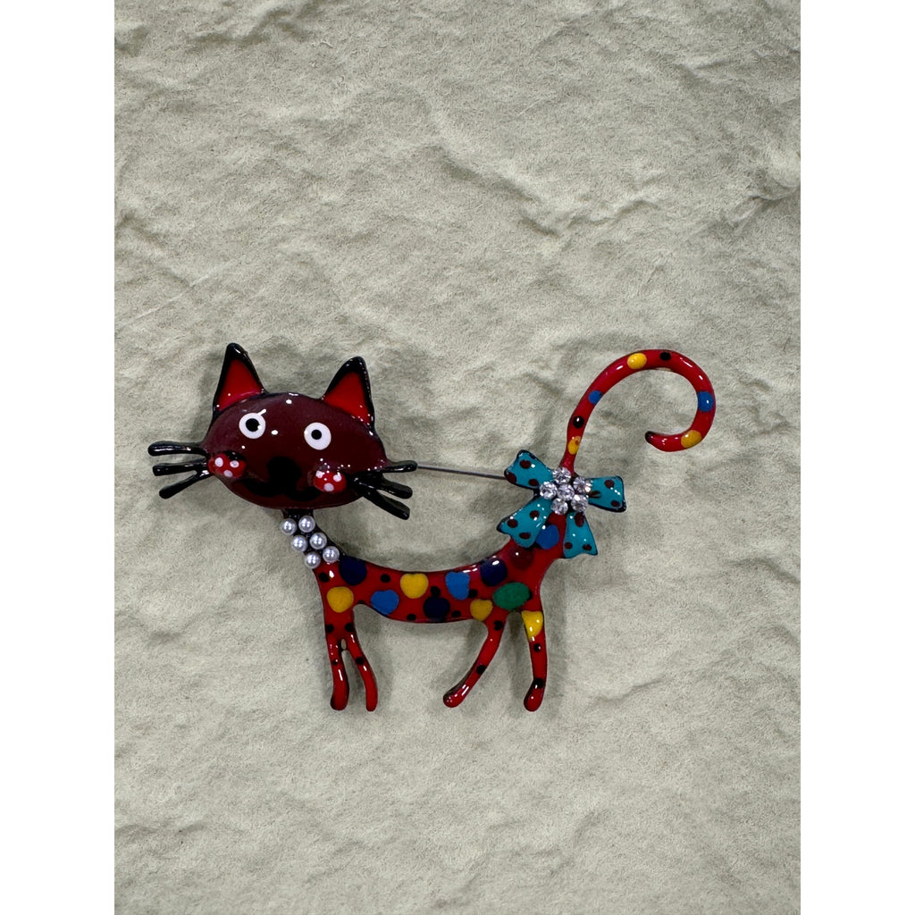 New Whimsical Red & Multi-Color Enamel Cat Brooch Pin  Costume Jewelry CP25