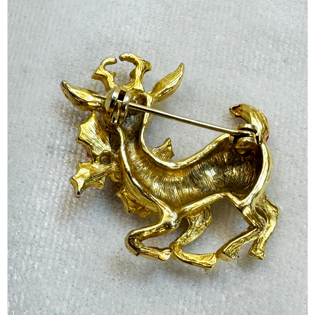 Vintage Christmas Reindeer Brooch Pin Gold Holiday Deer Fair Condition CP190