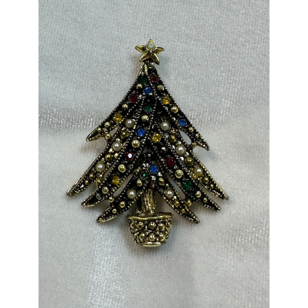 Vintage Christmas Tree Brooch Pin Rhinestones Pearls Holiday Jewelry 2.5" CP179