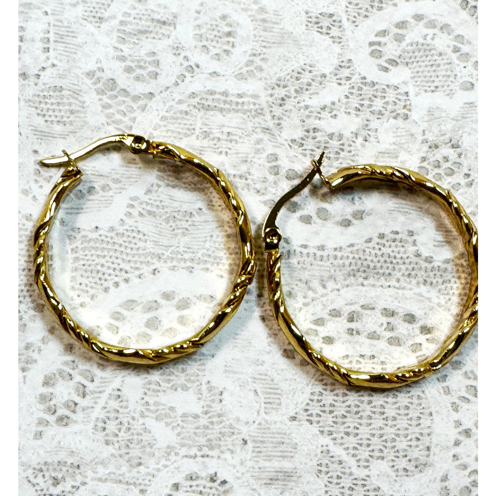Gold Tone Stainless Steel Twisted Hoop Earrings 1.25" Textured Hoops E291