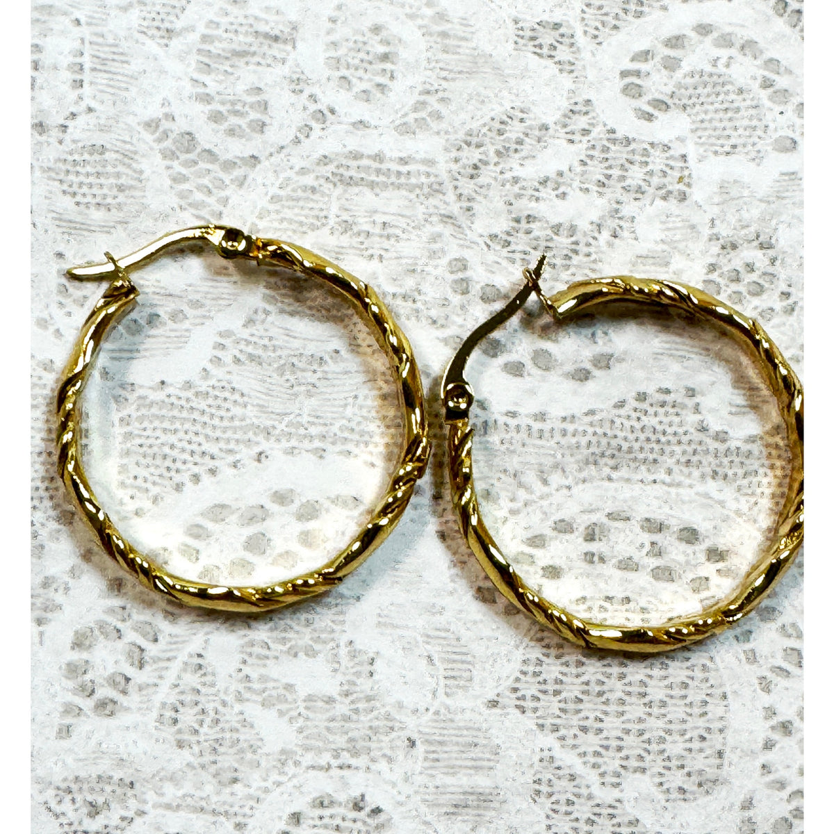 Gold Tone Stainless Steel Twisted Hoop Earrings 1.25" Textured Hoops E291