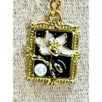 New Gold Tone Floral Pendant Necklace Black Enamel Faux Pearl N456