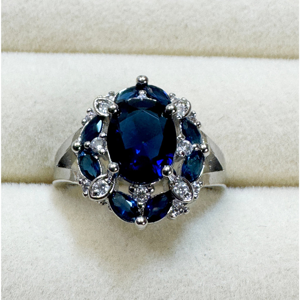 Size 7 New Blue Sapphire Color Ring Silver Oval Cocktail Statement Ring R003