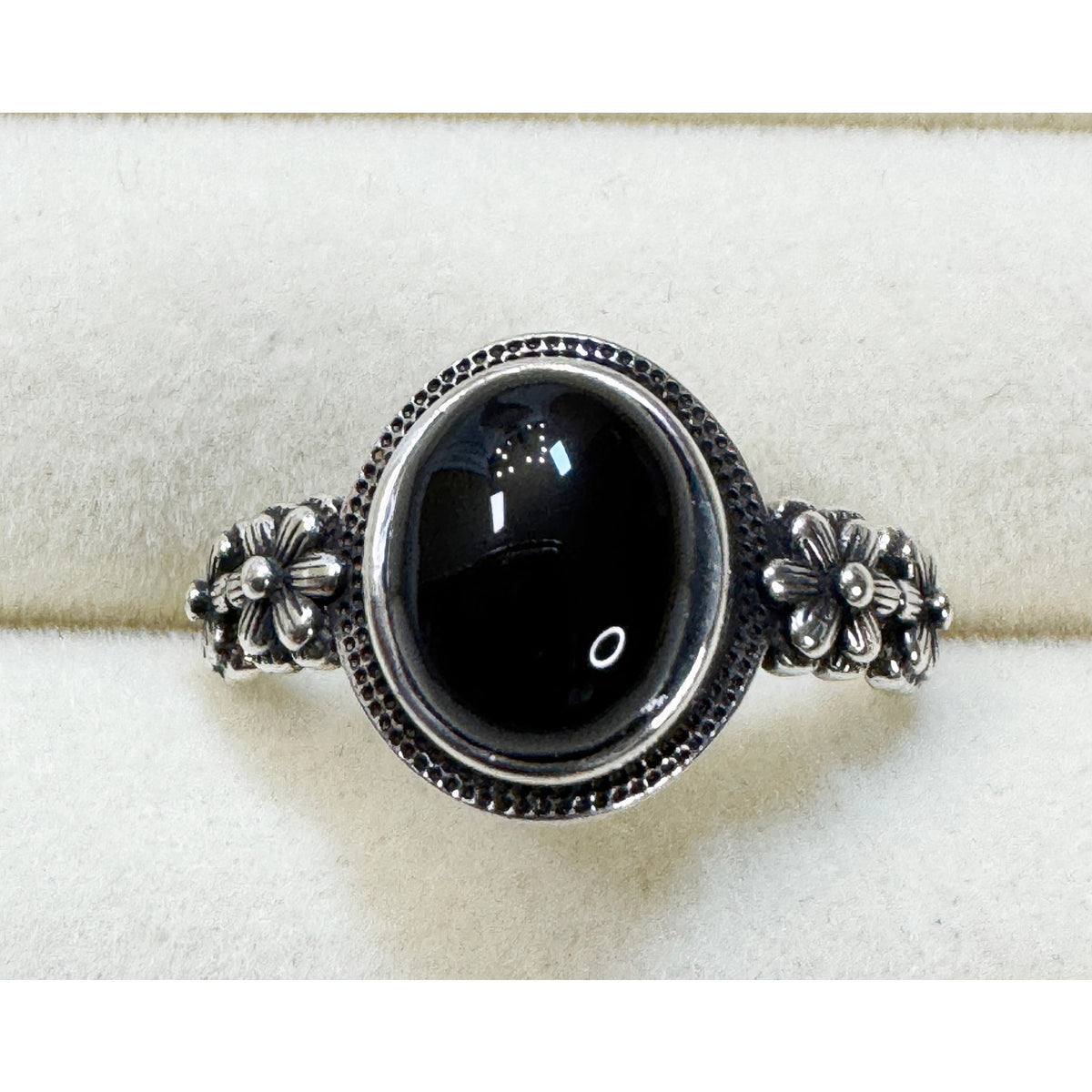 New Size 10 Black Onyx Color Cabochon Ring Silver Floral Vintage Style Ring R002