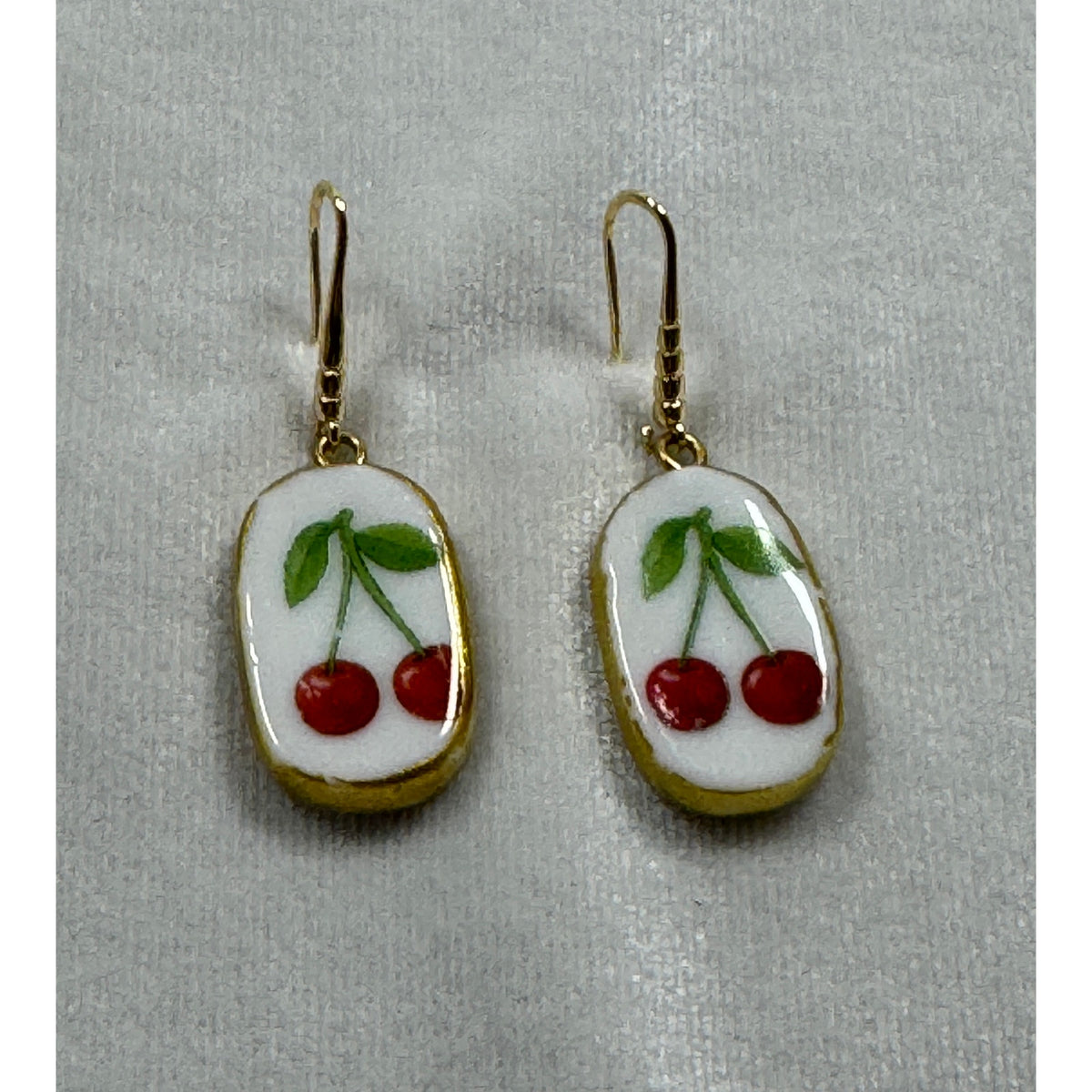 Cherry Ceramic Dangle Earrings Gold Tone Fruit Earrings Cute Cottagecore E278