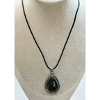 Black Teardrop Stone Pendant Necklace Silver Tone Black Cord Boho New  N383