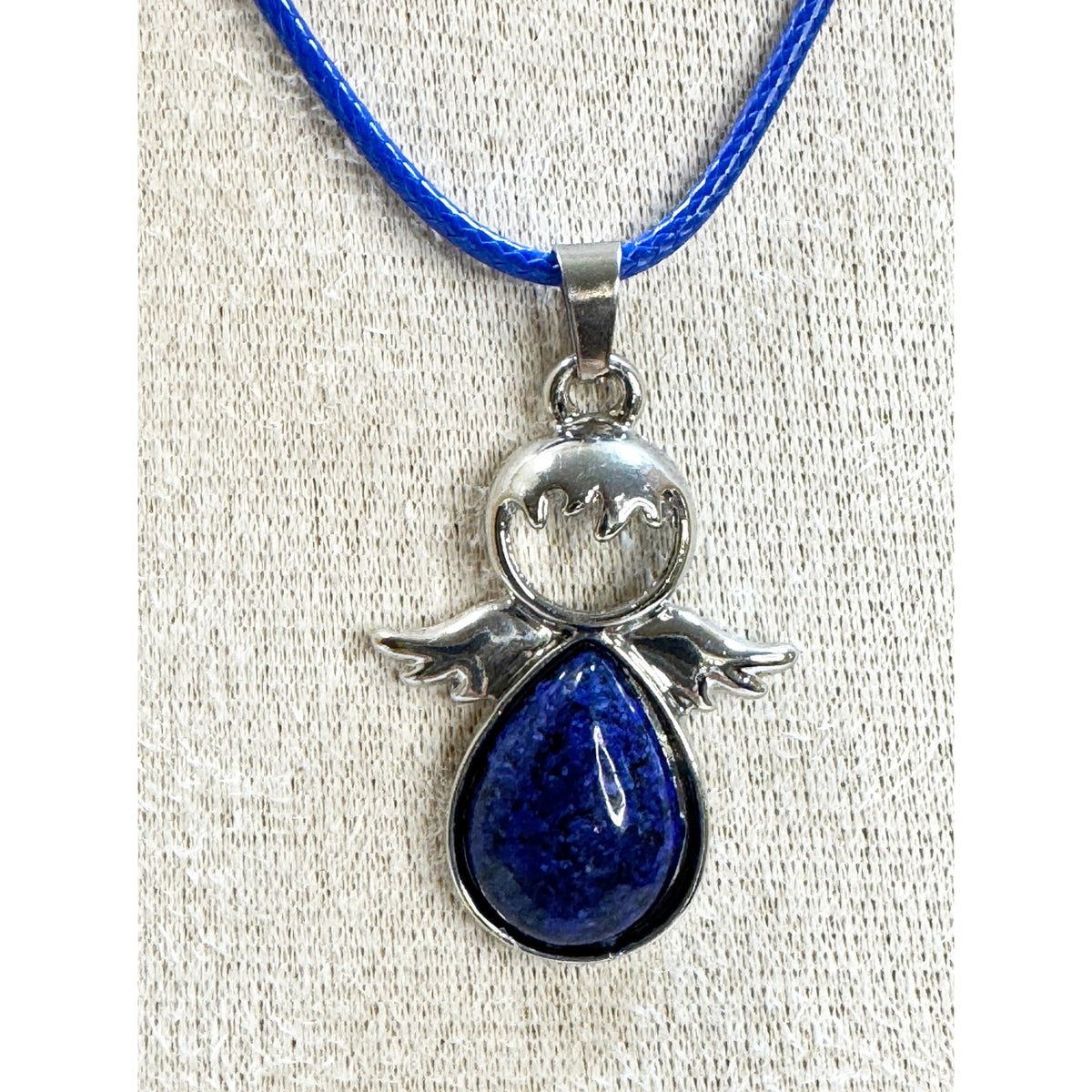 Blue Angel Pendant Necklace Silver Tone on 24" Blue Cord 1.5" N532