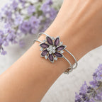 Purple Floral Rhinestone Hinged Bangle Bracelet Silver Tone Statement B168