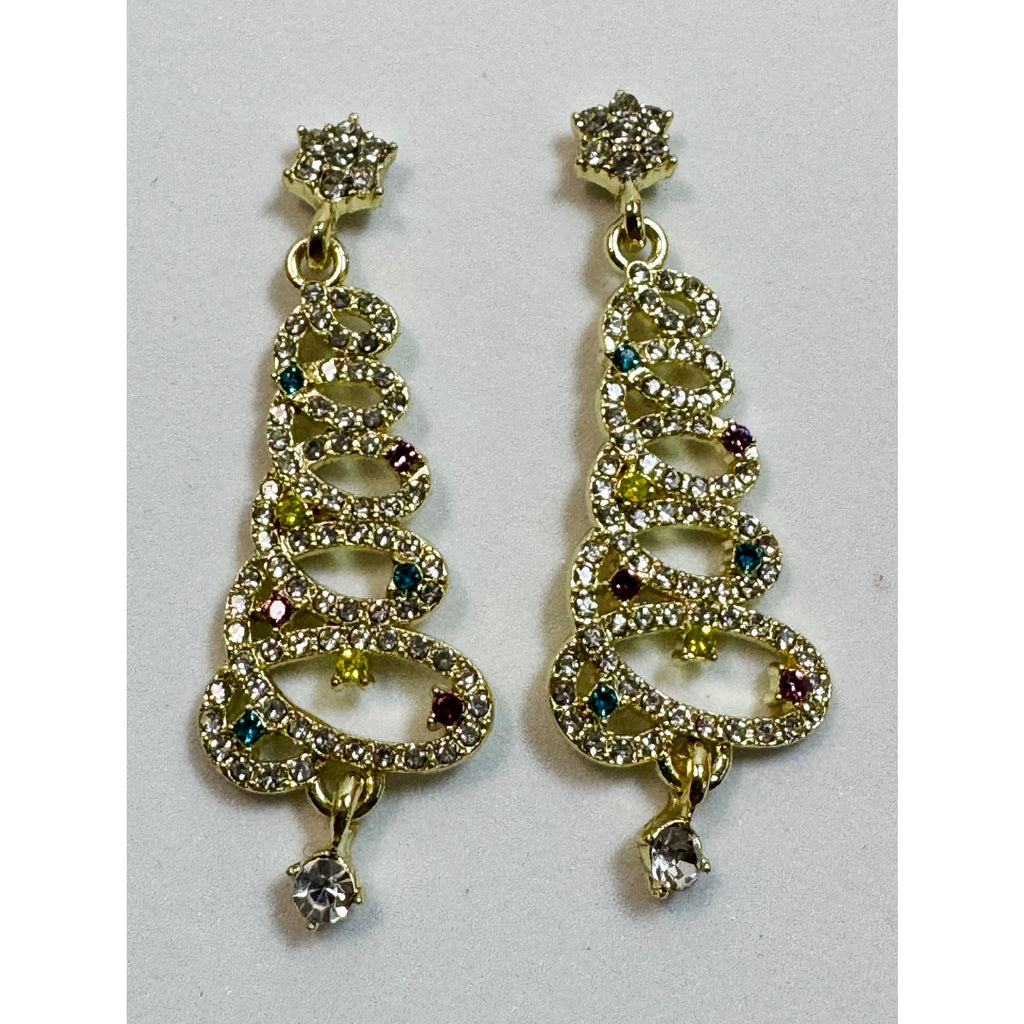 Gold Tone Rhinestone Christmas Tree Earrings Colorful Crystal Holiday Posts E311