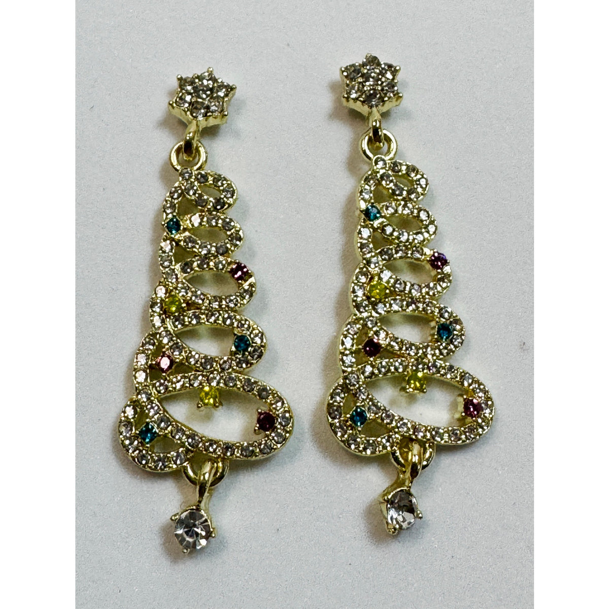 Gold Tone Rhinestone Christmas Tree Earrings Colorful Crystal Holiday Posts E311