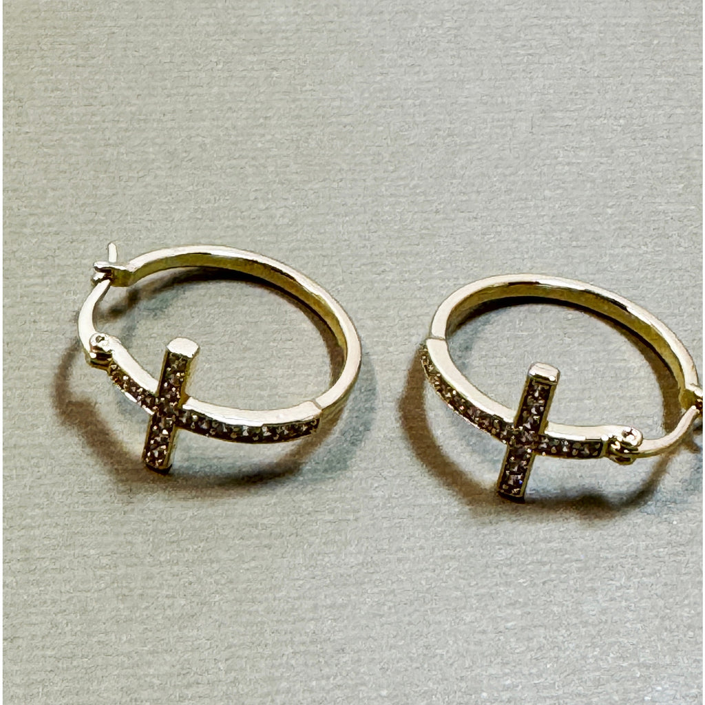 Rhinestone Cross Hoop Earrings Silver Tone Christian Faith 3/4" New E300