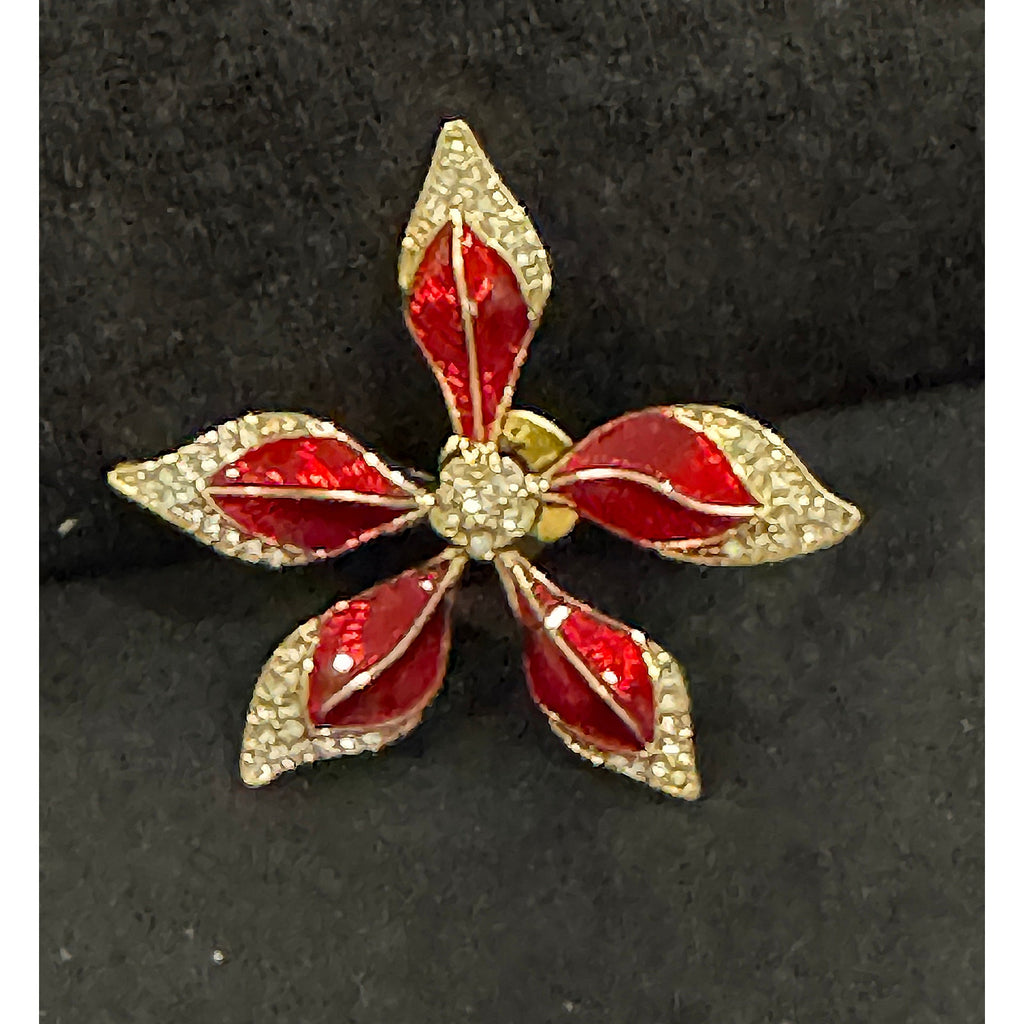 Vintage Red Enamel & Rhinestone Flower Brooch – 2″ Gold-Tone Pin  CP105