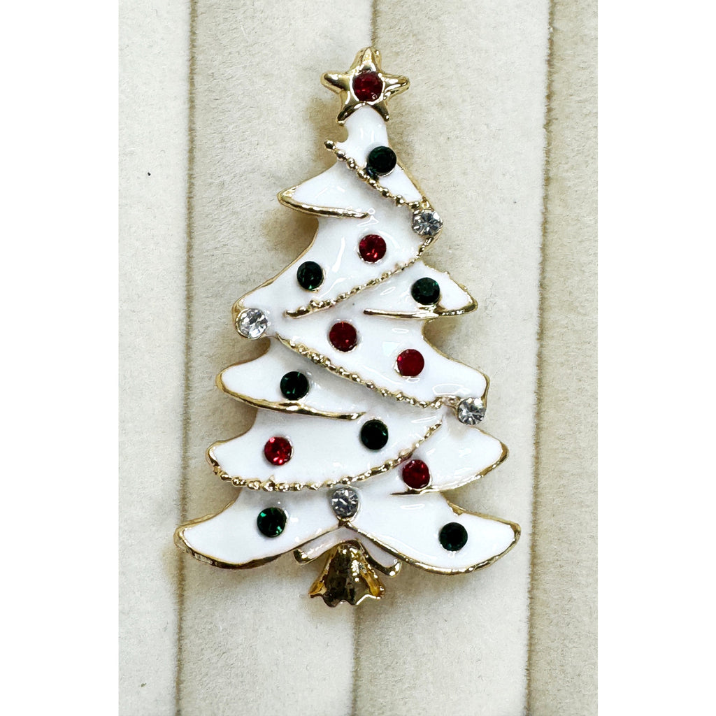 White Enamel Christmas Tree Brooch Pin Gold Rhinestone Holiday Brooch 2" CP254