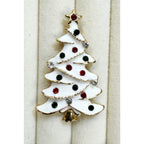 White Enamel Christmas Tree Brooch Pin Gold Rhinestone Holiday Brooch 2" CP254