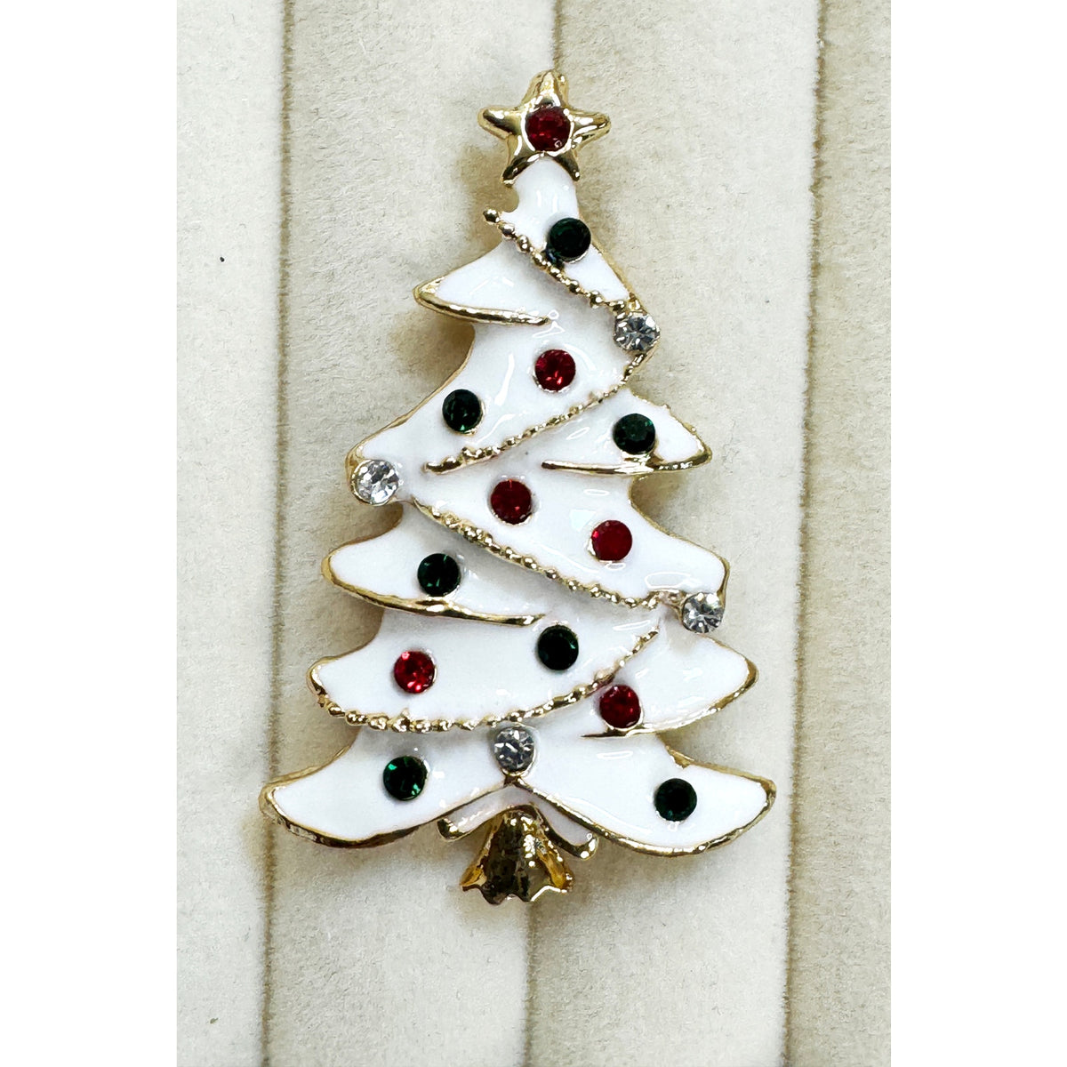 White Enamel Christmas Tree Brooch Pin Gold Rhinestone Holiday Brooch 2" CP254