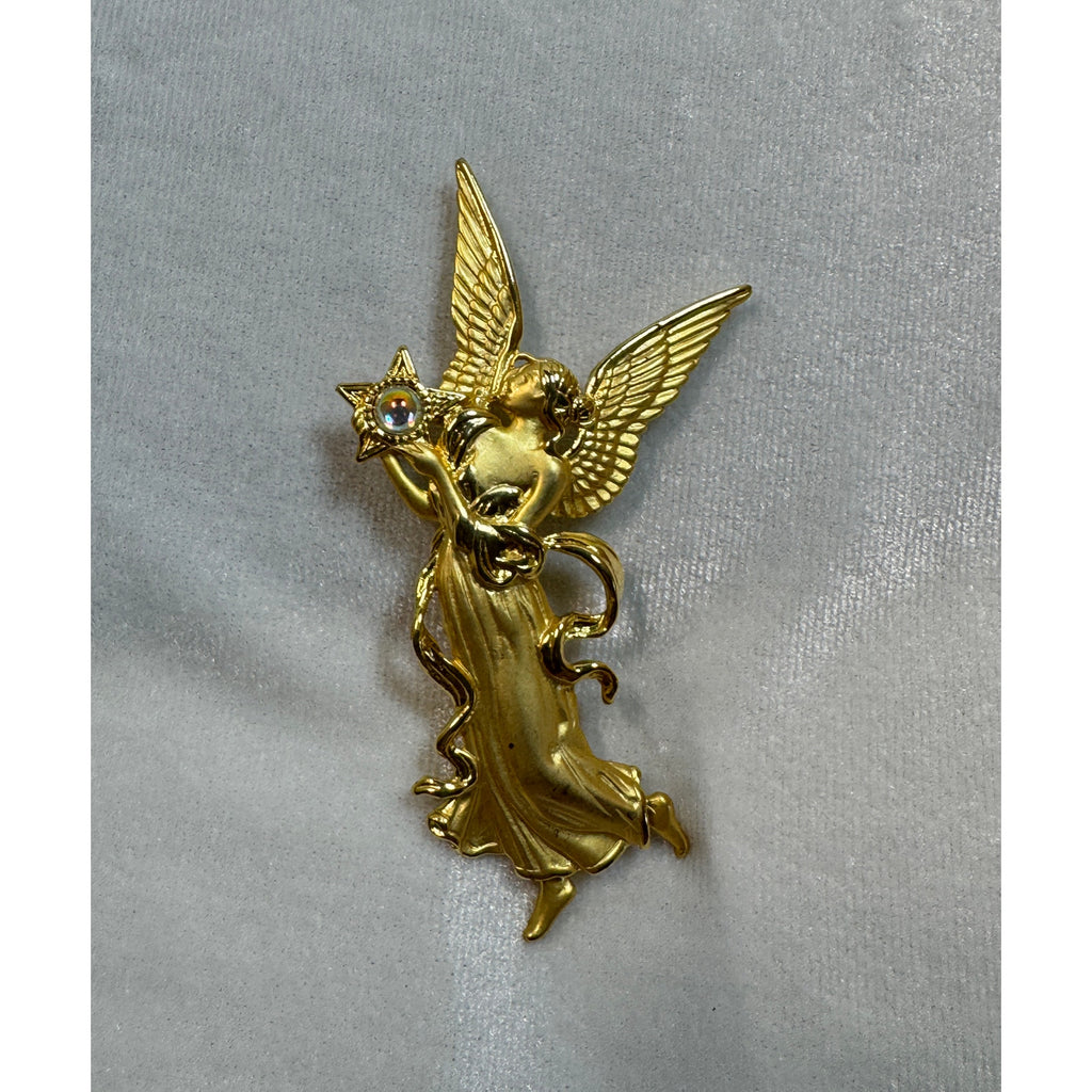 Gold Tone Angel Brooch Pin with Aurora Borealis Star Christmas 3" CP164