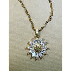Gold Tone Sunflower Necklace with Clear Rhinestone Pendant 16-18" Chain New N305