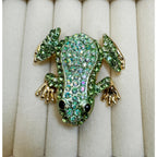 Green Rhinestone Frog Brooch Pin Gold Tone Crystal Animal 2" New CP186