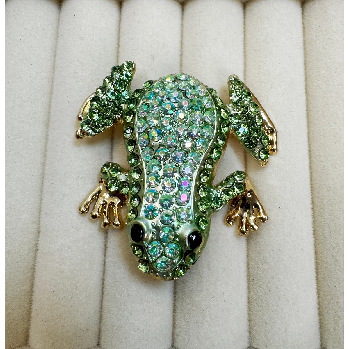 Green Rhinestone Frog Brooch Pin Gold Tone Crystal Animal 2" New CP186