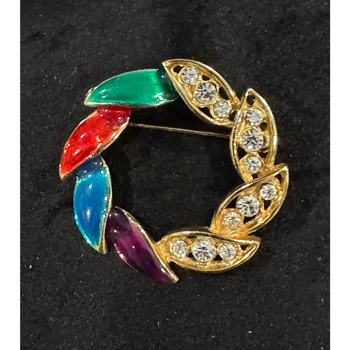 Vintage Multicolor Enamel & Rhinestone Wreath Pin Gold Tone 1.25” Brooch CP132