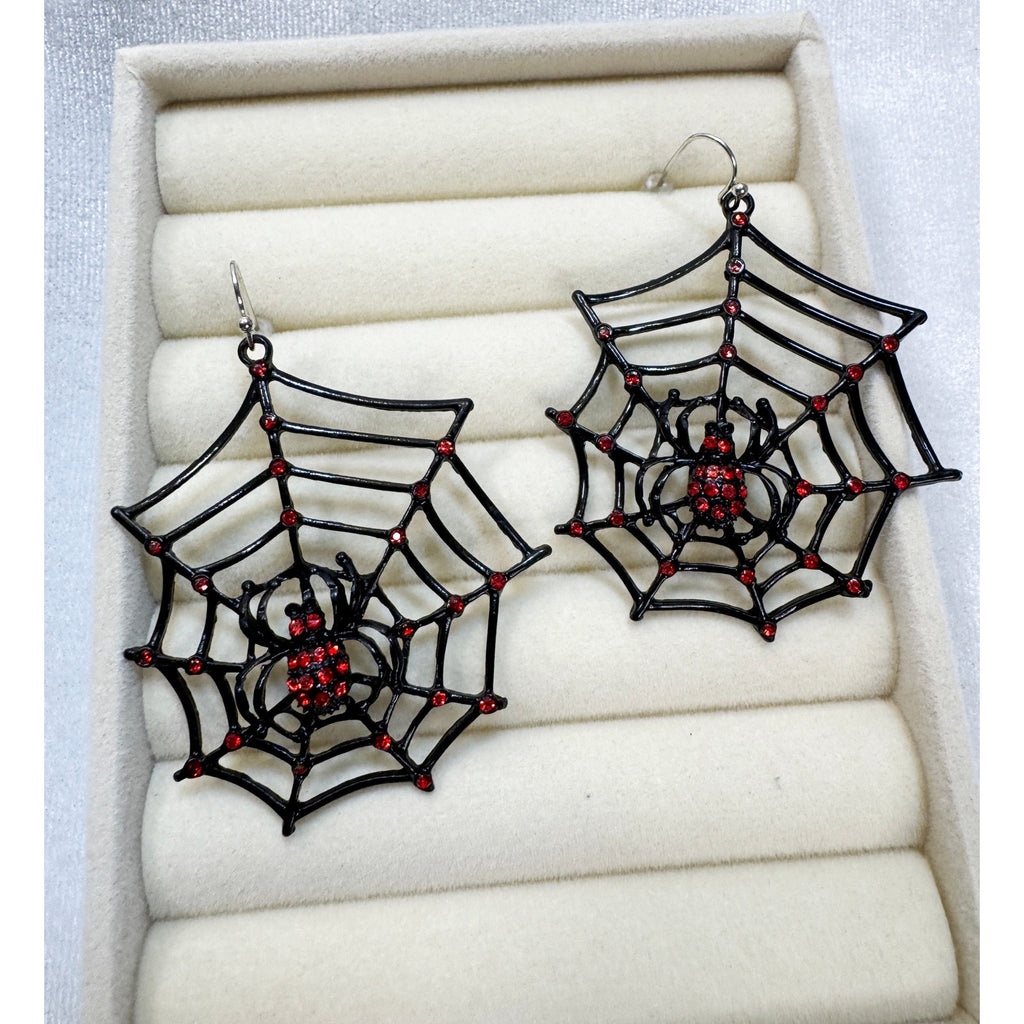 Halloween Spider Web Earrings Black Red Rhinestone Spider Gothic 2" x 2" E493