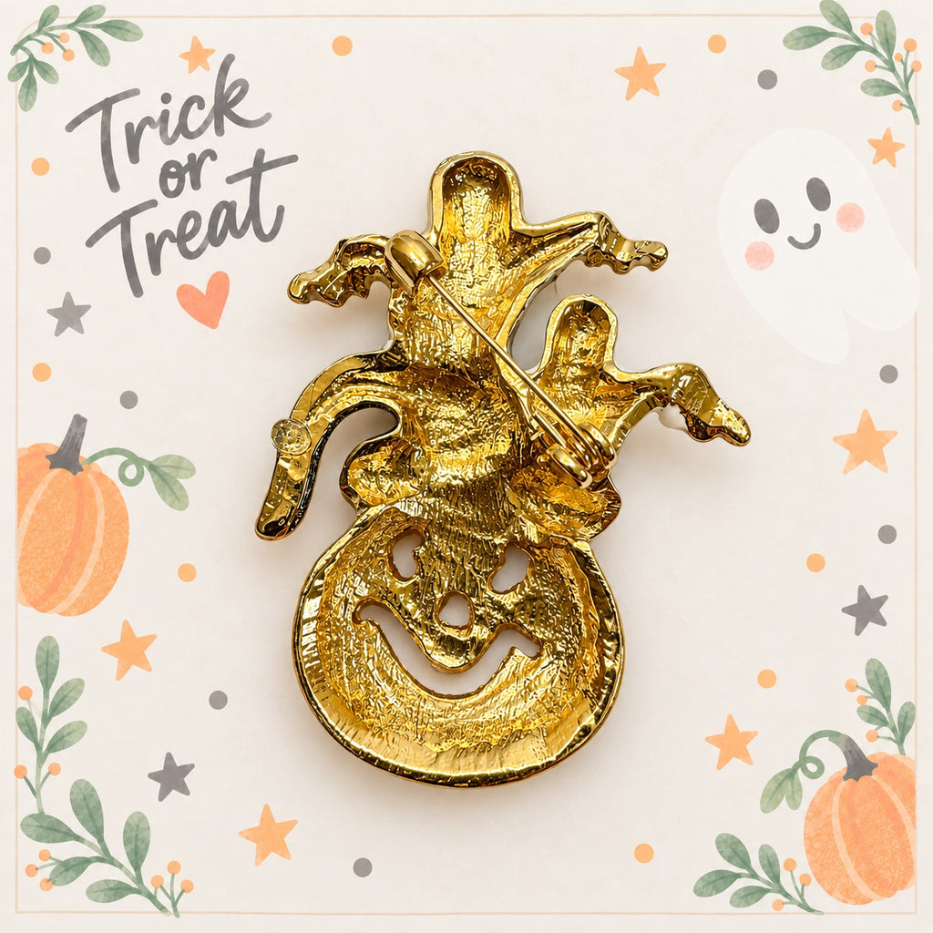 Halloween Ghost Pumpkin Brooch Rhinestone Witch Hat Gold Tone Spooky Pin CP222