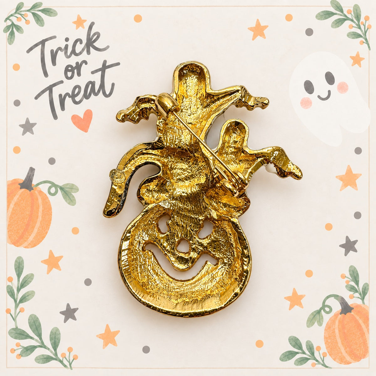 Halloween Ghost Pumpkin Brooch Rhinestone Witch Hat Gold Tone Spooky Pin CP222