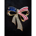 Americana Rhinestone Bow Brooch Pin Red White Blue Patriotic 2.25” USA 250 CP157