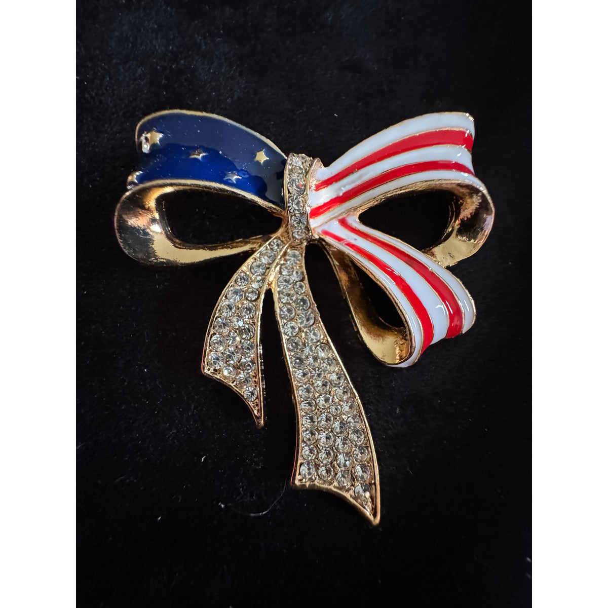 Americana Rhinestone Bow Brooch Pin Red White Blue Patriotic 2.25” USA 250 CP157