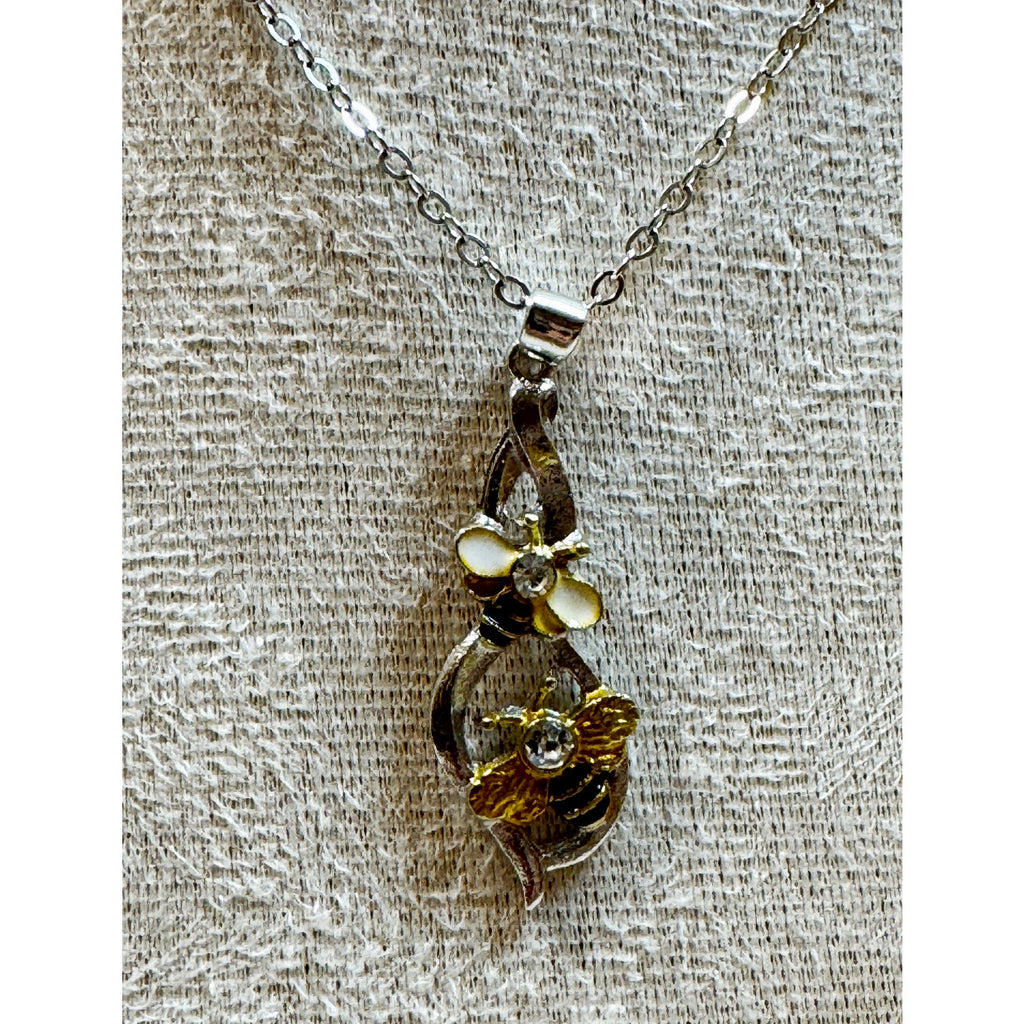 Bee & Flower Necklace Earrings Set Silver Tone Rhinestone Nature E372