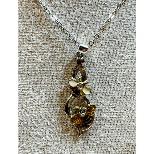 Bee & Flower Necklace Earrings Set Silver Tone Rhinestone Nature E372